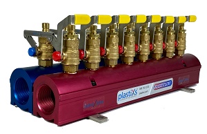 Plastixs LinkedXValve aluminum manifold assembly allows a single lever to operate both mold cooling supply and return lines simultaneously