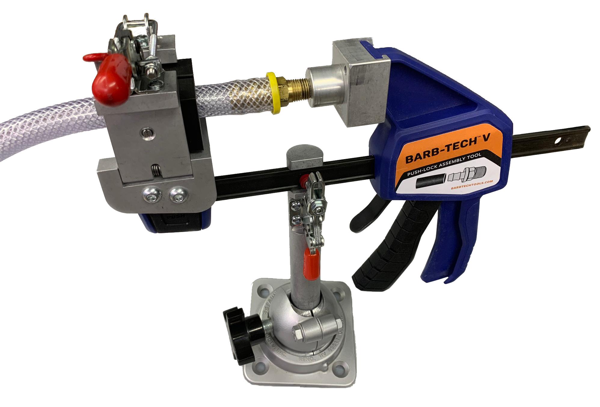 The Third Hand from Barb-Tech Tools and distributed by Plastixs is the ultimate bench-mounted companion for ALL your Barb-Tech Hose Assembly Tools