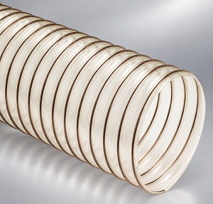 lexaust Flexadux PU Flx-Thane SDX-30 self-extinguishing medium weight static dissipative clear polyurethane hose reinforced with a bronze coated spring steel wire helix.